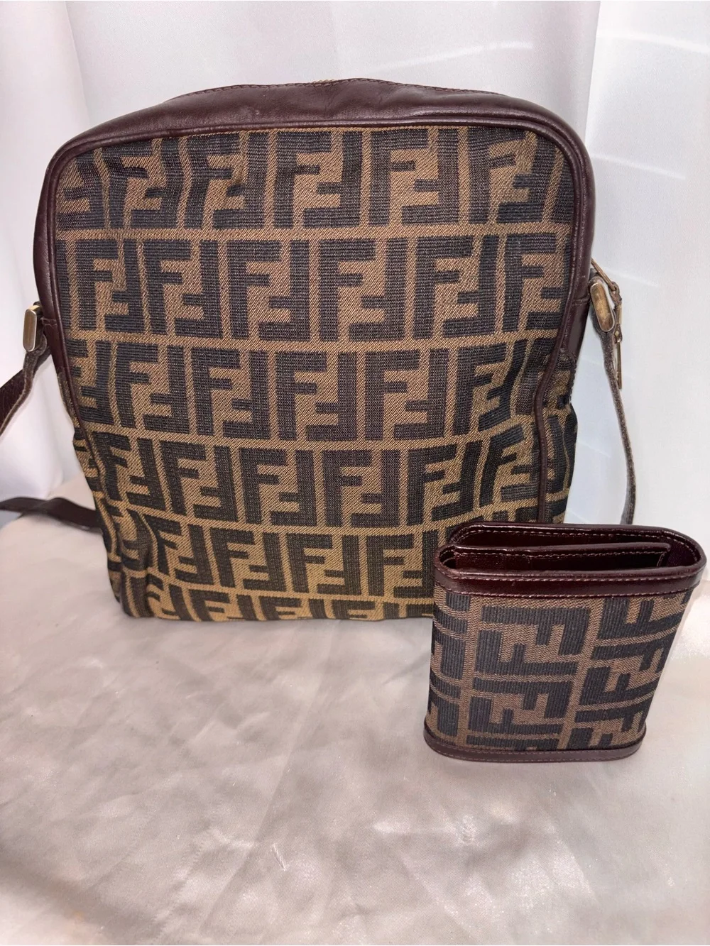 Fendi Brown FF Logo Messenger Bag with Matching Wallet